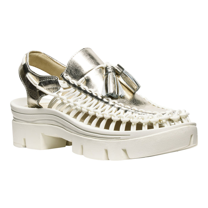Silver sandal with braided design and white sole on a white background
