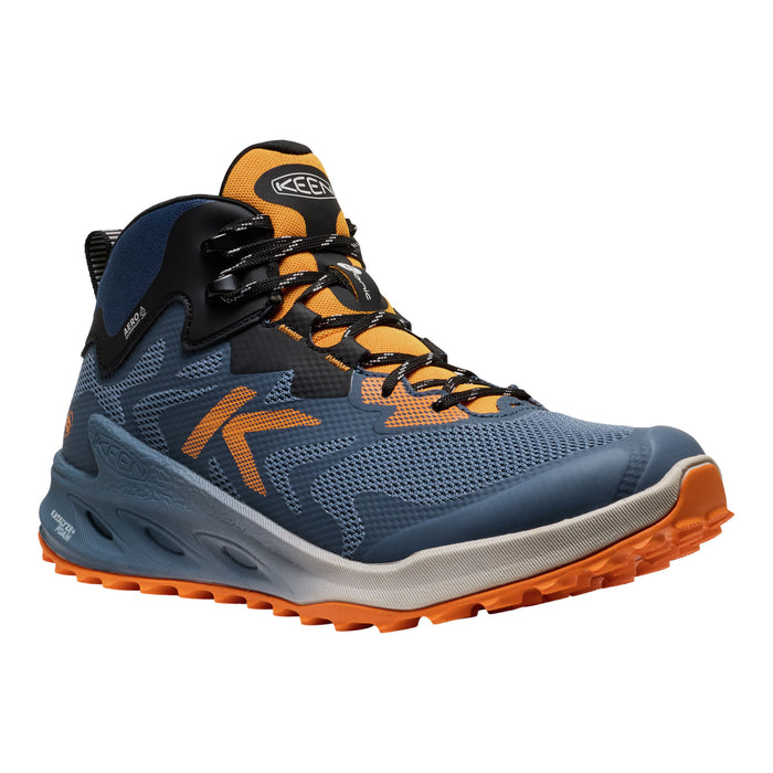 Blue and orange hiking boot with Karrimor branding on a white background