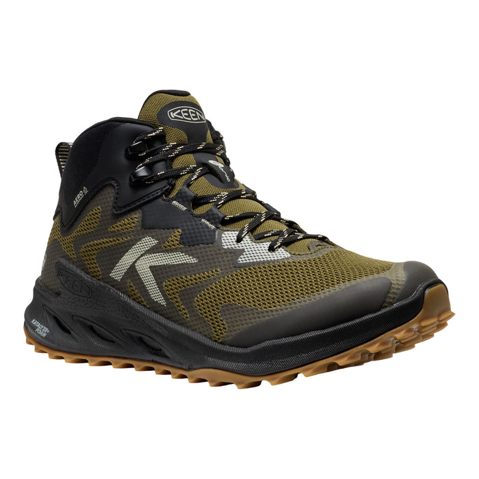 Hiking shoe with black and brown design on a white background