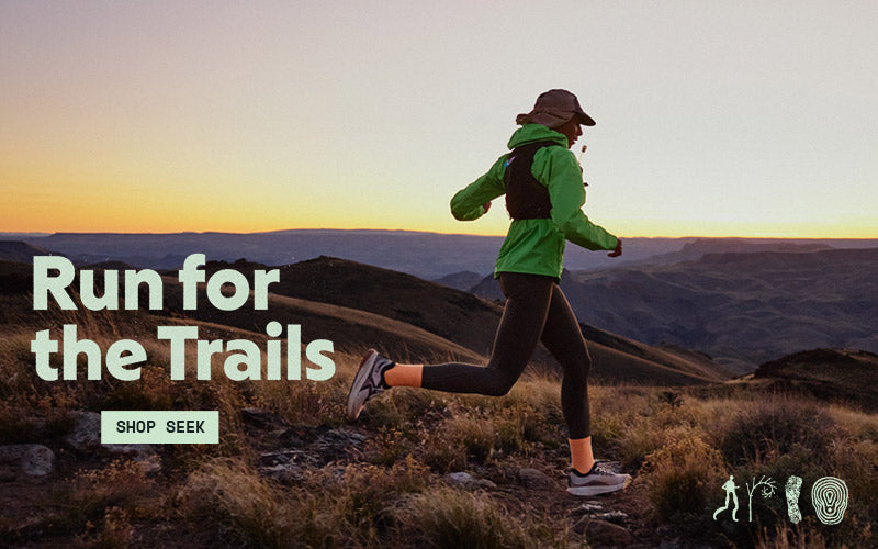 Person running on a trail with 'Run for the Trails' text and 'Shop Seek' branding.