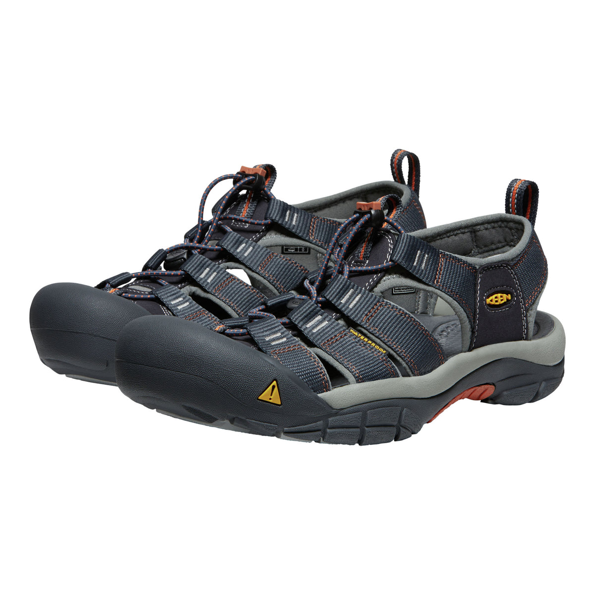 Pair of gray and black sandals with a visible brand logo on a white background