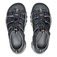 Pair of gray sandals with orange accents on a white background