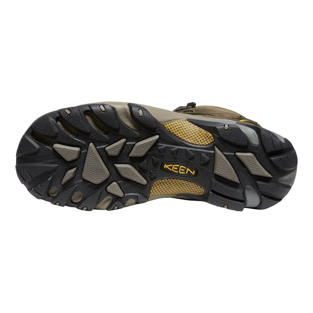 Close-up of a Keen hiking shoe sole on a white background