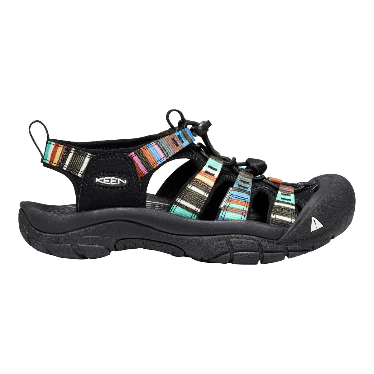 Black sandal with colorful straps on a white background