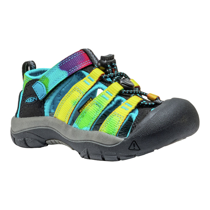 Colorful children's sandal with a multicolor strap on a white background