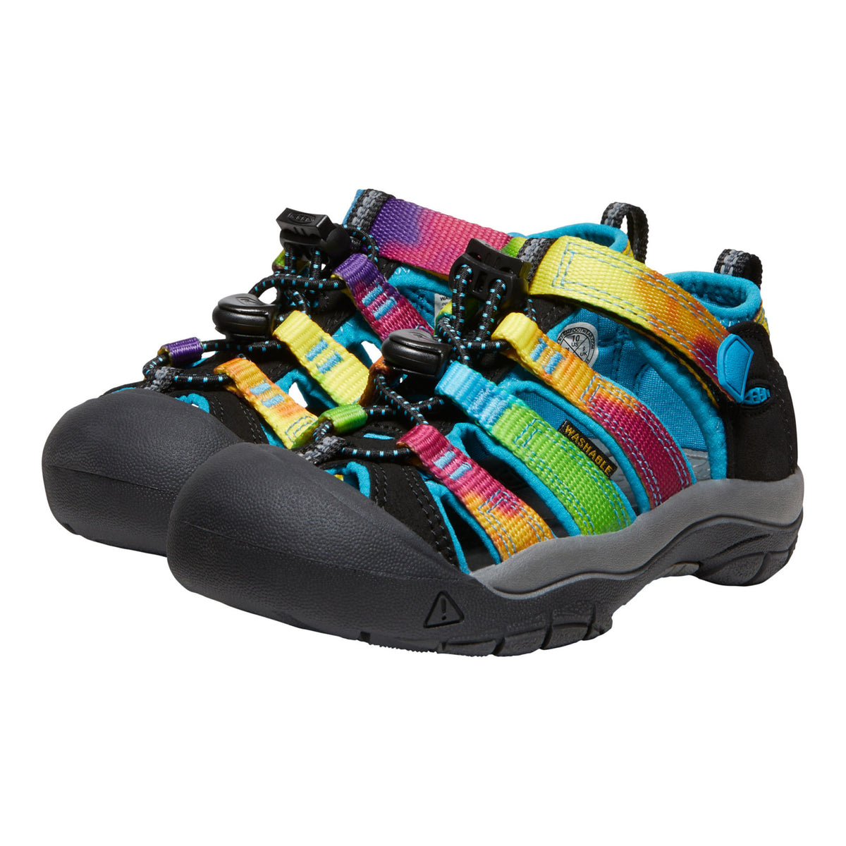 Colorful children's sandals with multicolored straps on a white background