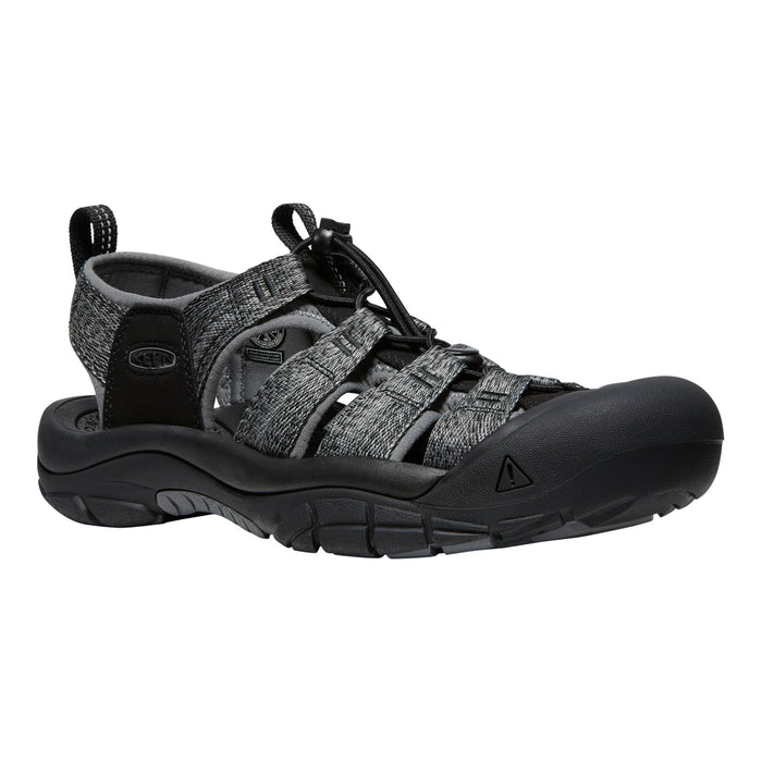 Black and gray sandal with a KEEN logo on a white background