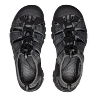 Pair of black sandals with multiple straps on a white background