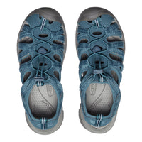 Pair of blue sandals with gray soles on a white background
