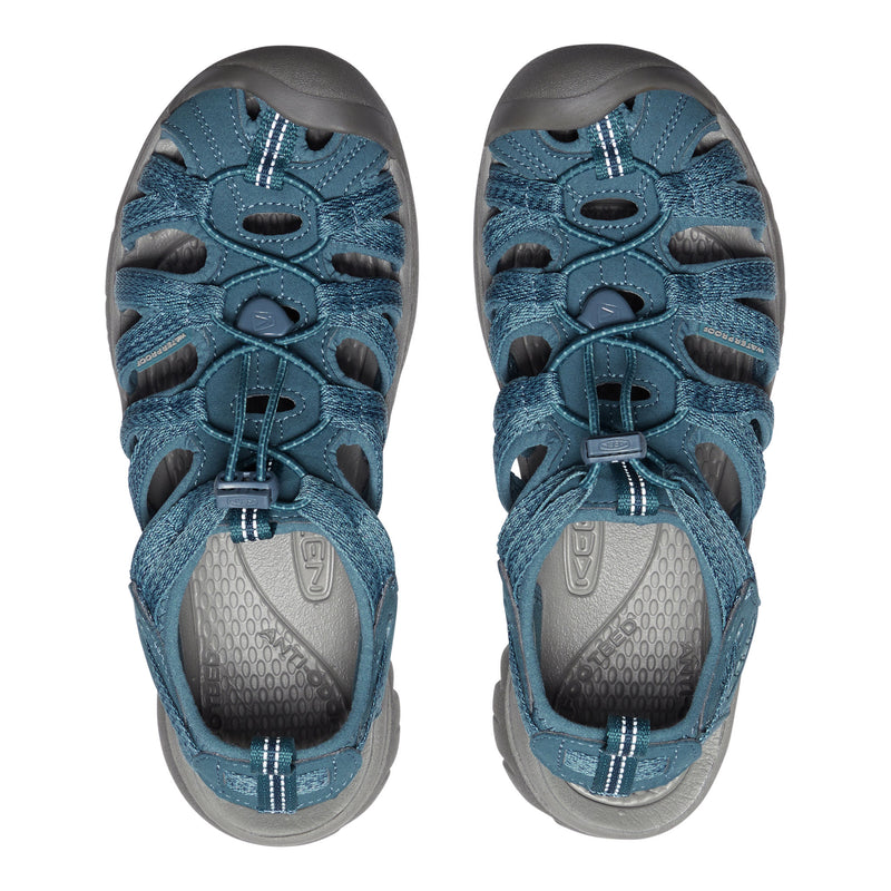 Pair of blue sandals with gray soles on a white background