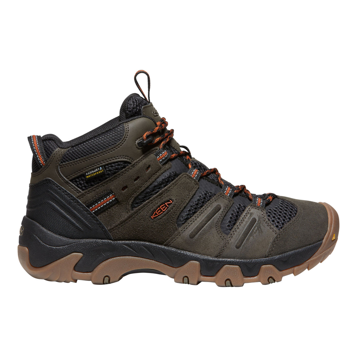 Brown hiking boot with black accents on a white background