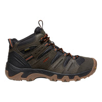 Brown hiking boot with black accents on a white background