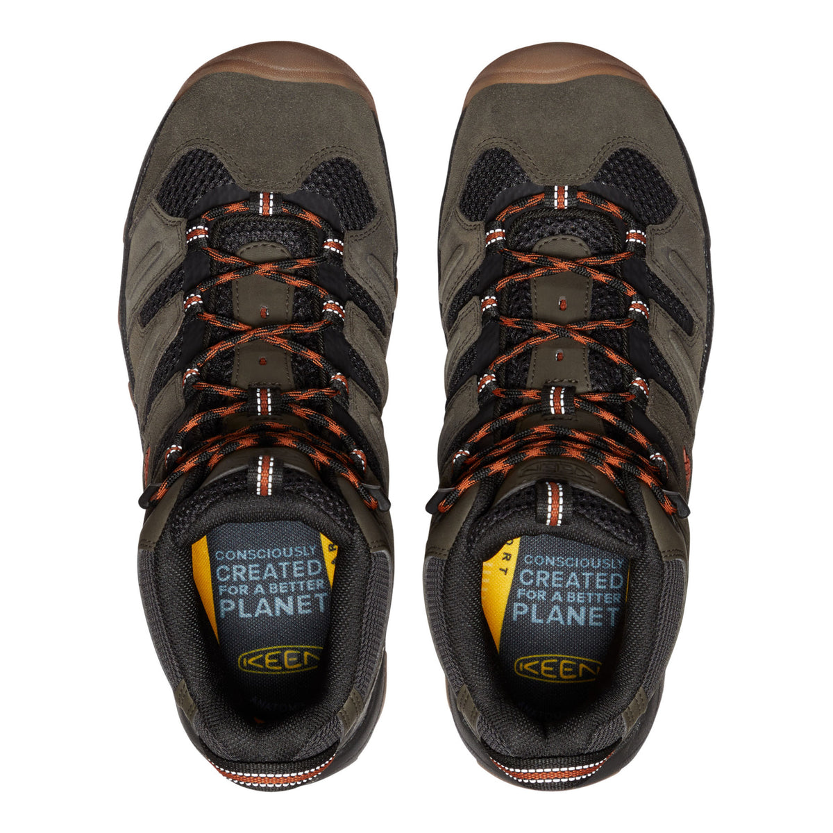 Pair of Keen hiking shoes on a white background