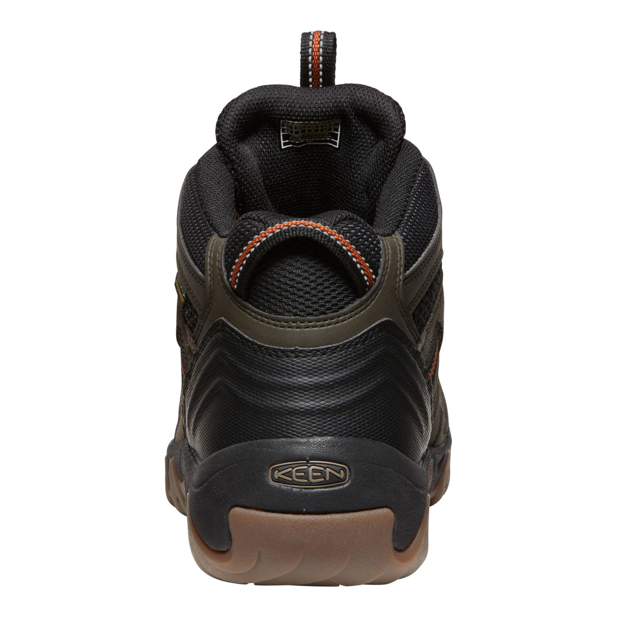 Brown and black shoe with Keen logo on a white background