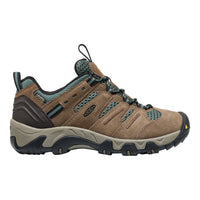 A Keen hiking shoe in brown suede and mesh with teal accents, shown in a side profile on a white background.