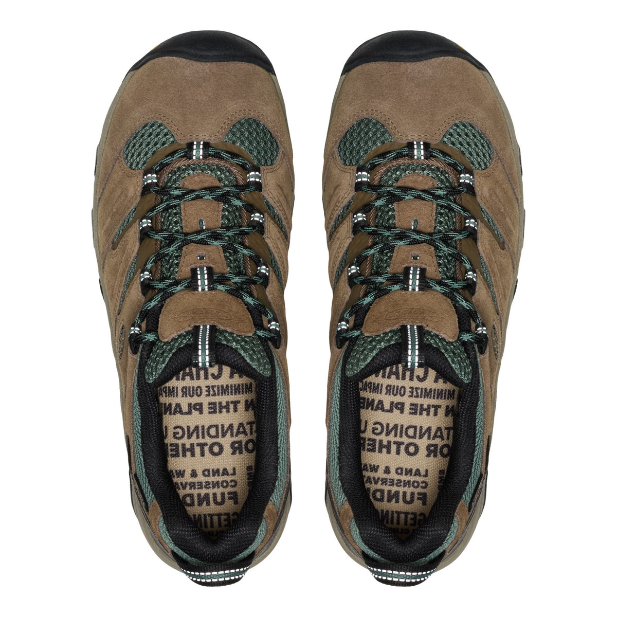 A pair of brown suede hiking boots with green accents and black laces, shown from a top-down view on a white background.
