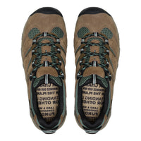 A pair of brown suede hiking boots with green accents and black laces, shown from a top-down view on a white background.