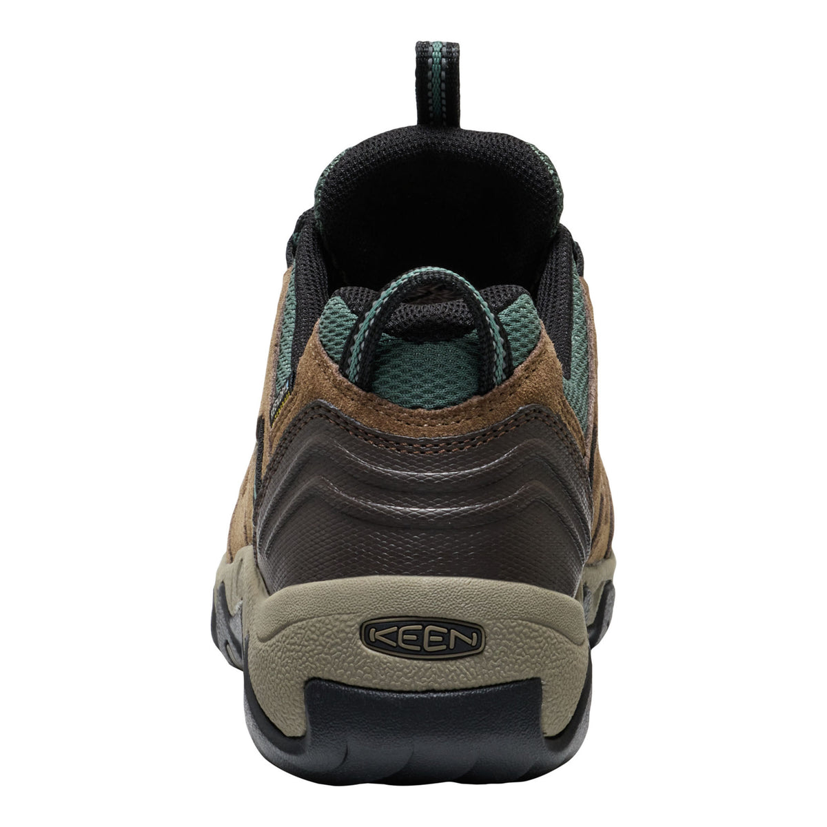 A rear view of a Keen hiking shoe in brown, black, and olive green, showing the heel, midsole, and pull tab against a white background.