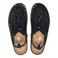 Black sandals with cork soles on a white background