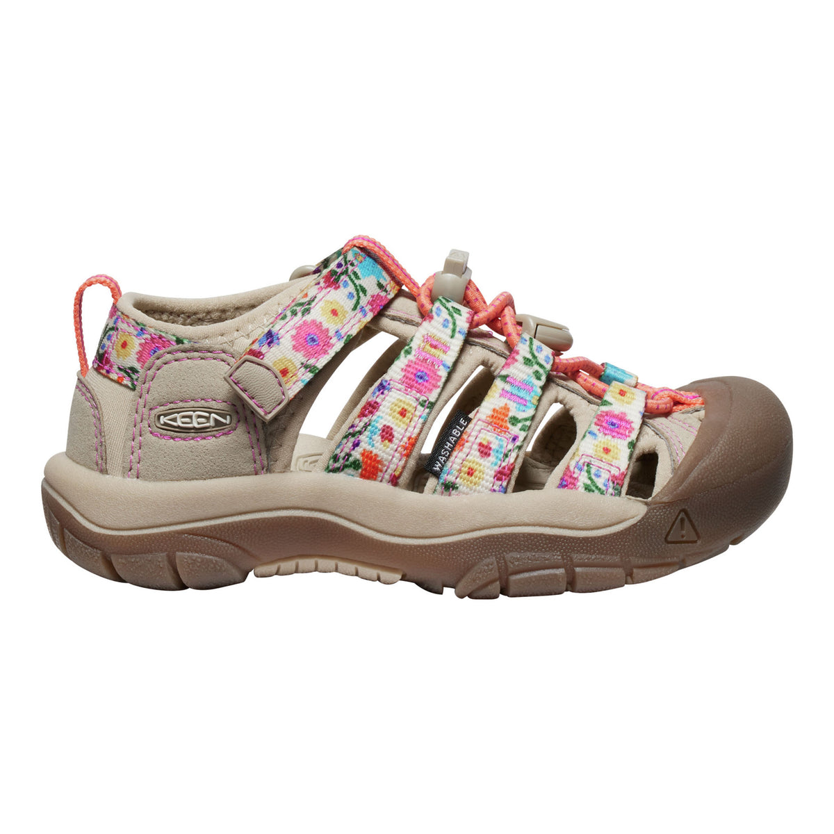 Keen kids' sandal in beige with a colourful floral patterned strap and coral accents, shown from a side profile on a white background.