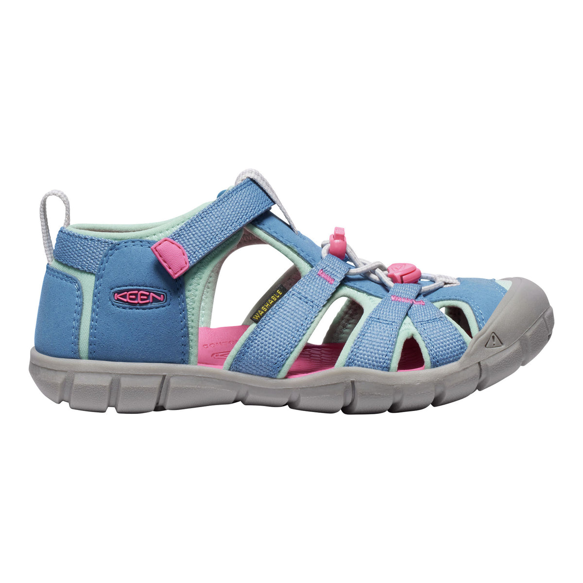 Blue and pink sandal with Keen logo on a white background