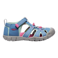 Blue and pink sandal with Keen logo on a white background