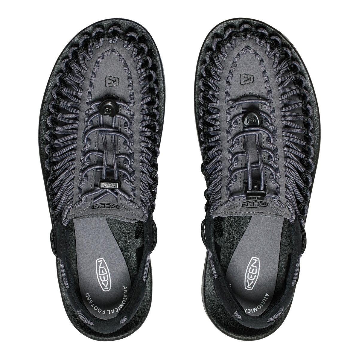 Pair of black Keen sandals on a white background