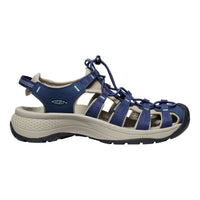 Blue and beige sandal with KEEN logo on a white background