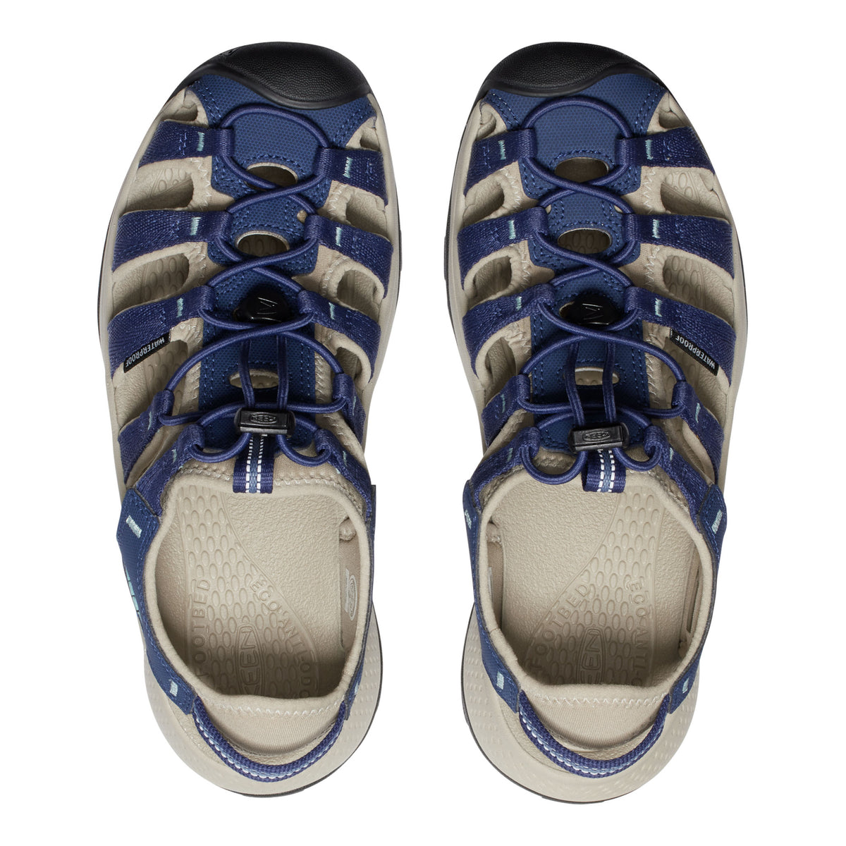 Pair of sandals with blue straps on a white background