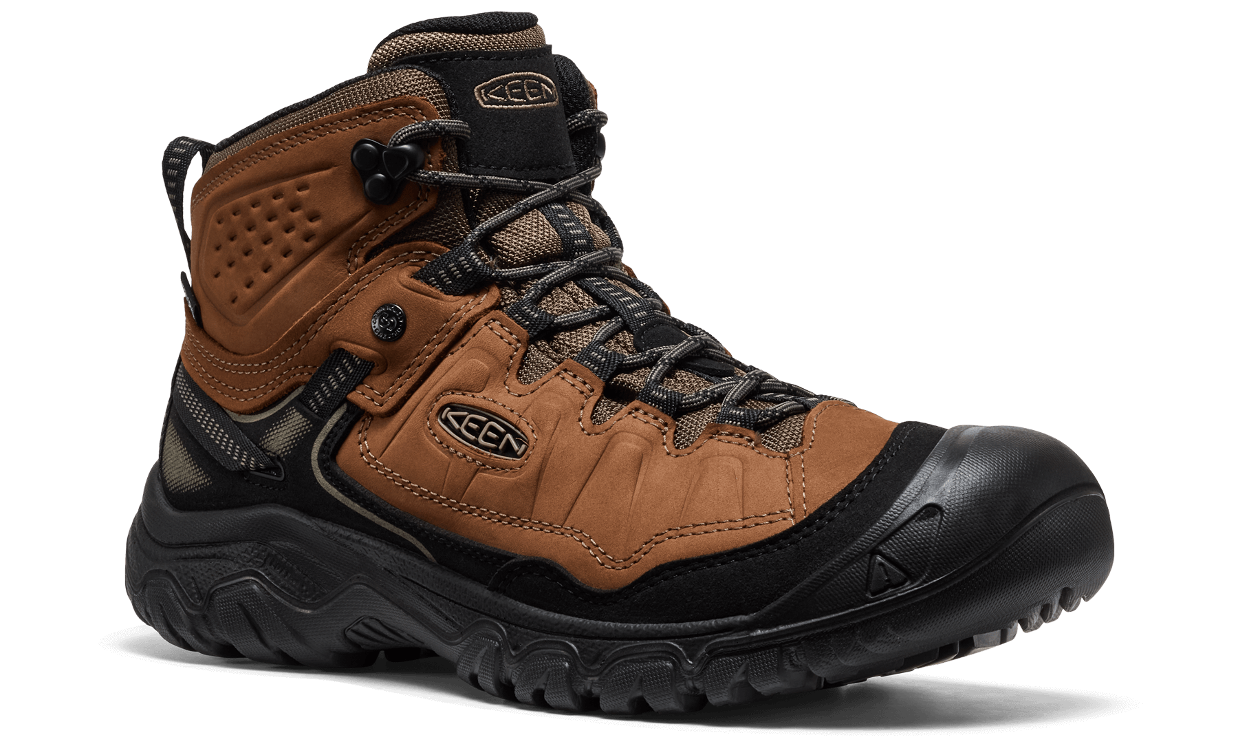 Brown and black hiking boot with brand logo on a transparent background