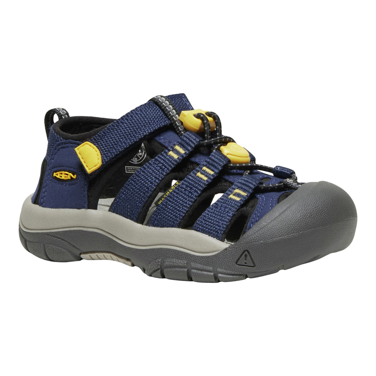 A Keen brand navy blue kids' sandal with yellow accents, featuring adjustable straps and a gray sole, shown against a plain white background.
