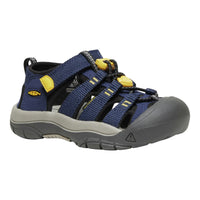 A Keen brand navy blue kids' sandal with yellow accents, featuring adjustable straps and a gray sole, shown against a plain white background.