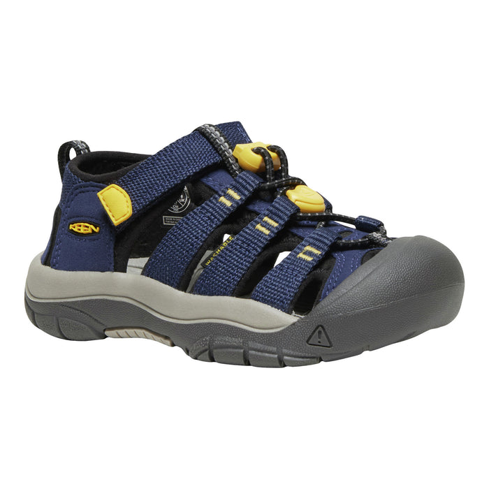 A Keen brand navy blue kids' sandal with yellow accents, featuring adjustable straps and a gray sole, shown against a plain white background.