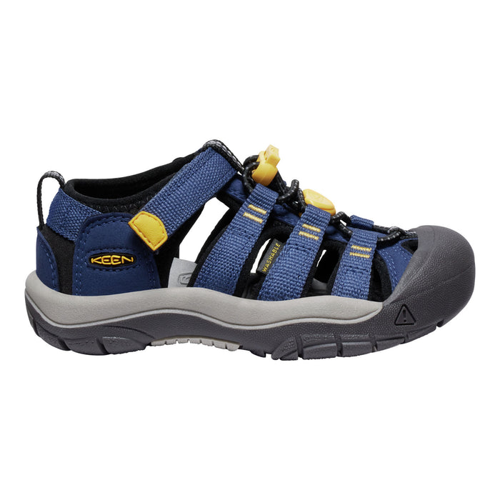 A Keen kids' sandal in navy blue with bright yellow accents and a gray sole, shown from a side profile on a white background.