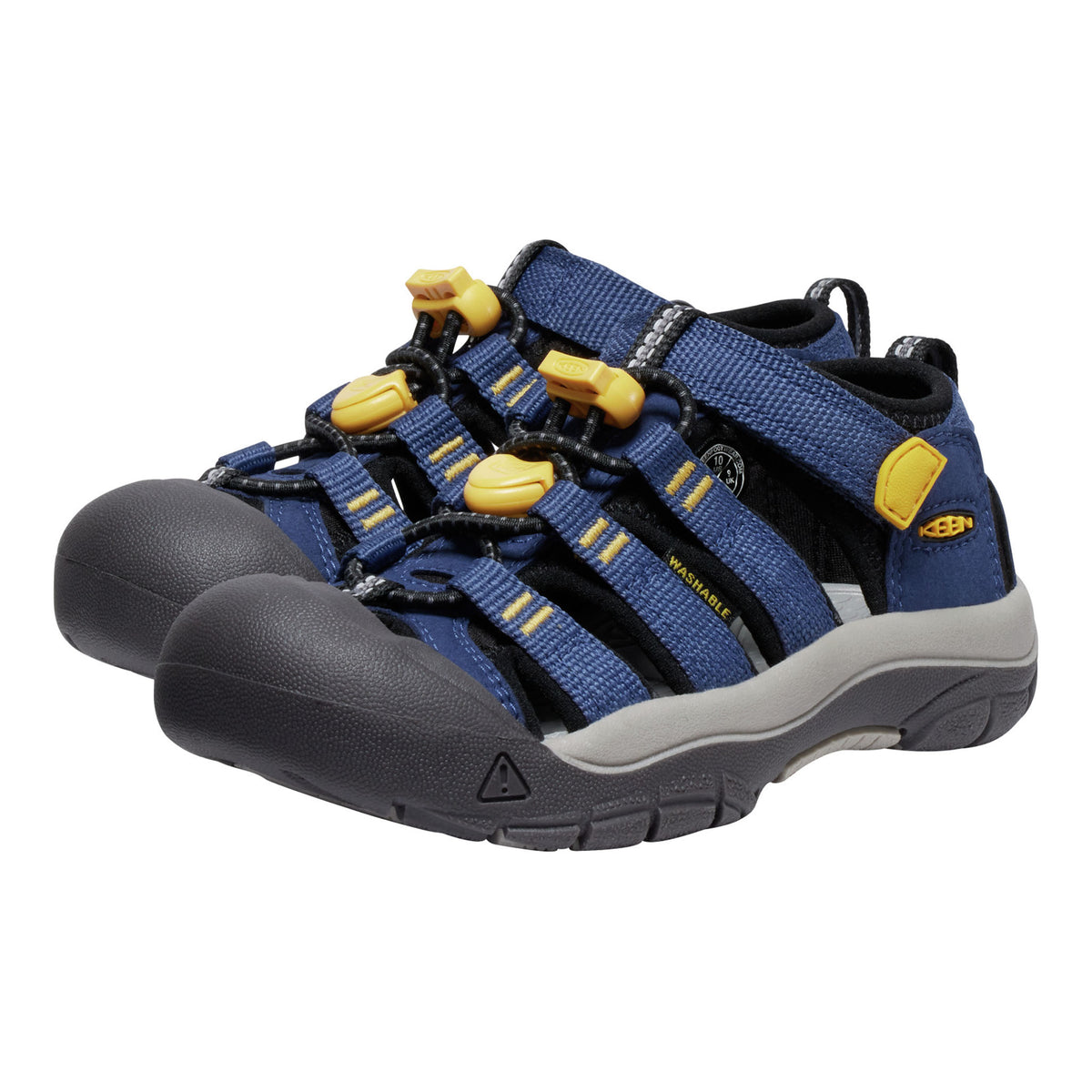 A pair of Keenable kids' water sandals in navy blue with black straps, yellow plastic toggle details, and a gray midsole, shown against a plain white background.