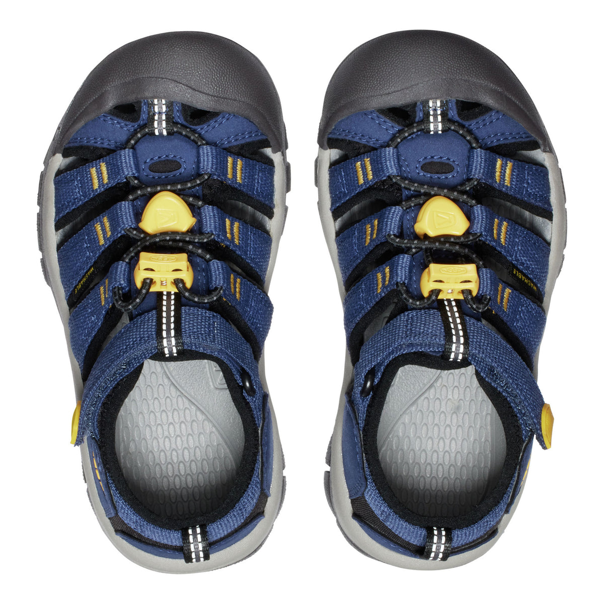 A pair of kids' blue and gray water shoes with yellow accents, shown from a top-down view on a white background.