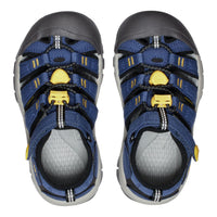 A pair of kids' blue and gray water shoes with yellow accents, shown from a top-down view on a white background.