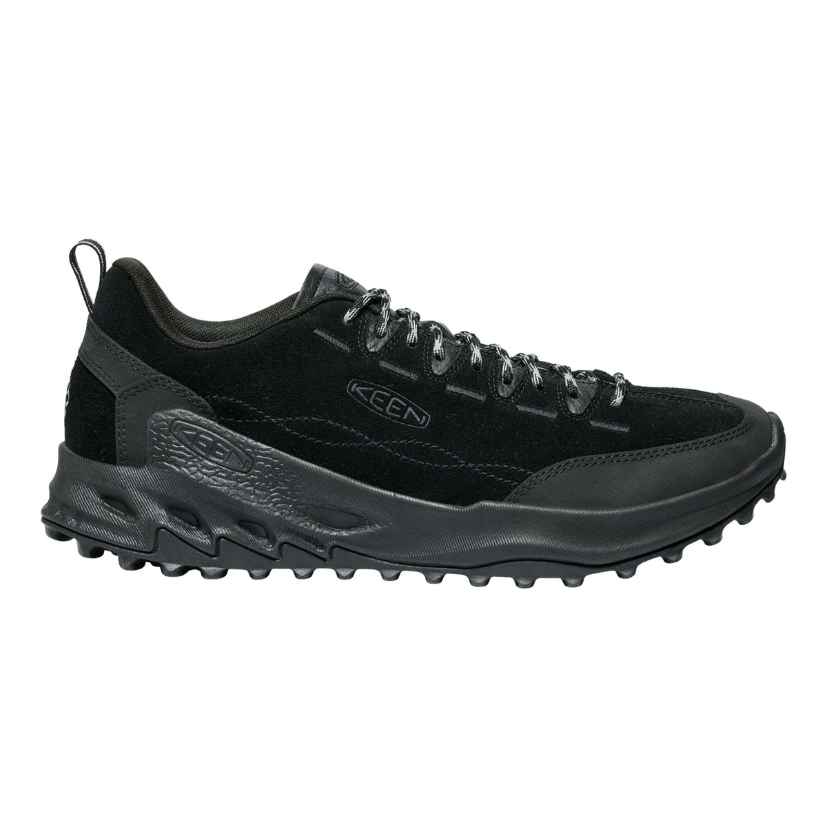 Black hiking shoe with KEEN logo on a white background