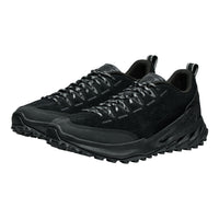 Black hiking boots with textured sole on a white background