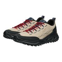 Beige and black hiking shoes with red laces on a white background