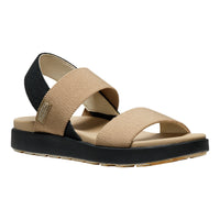 A single platform sandal with beige woven straps, a black ankle strap, and a thick black platform sole, shown on a plain white background.