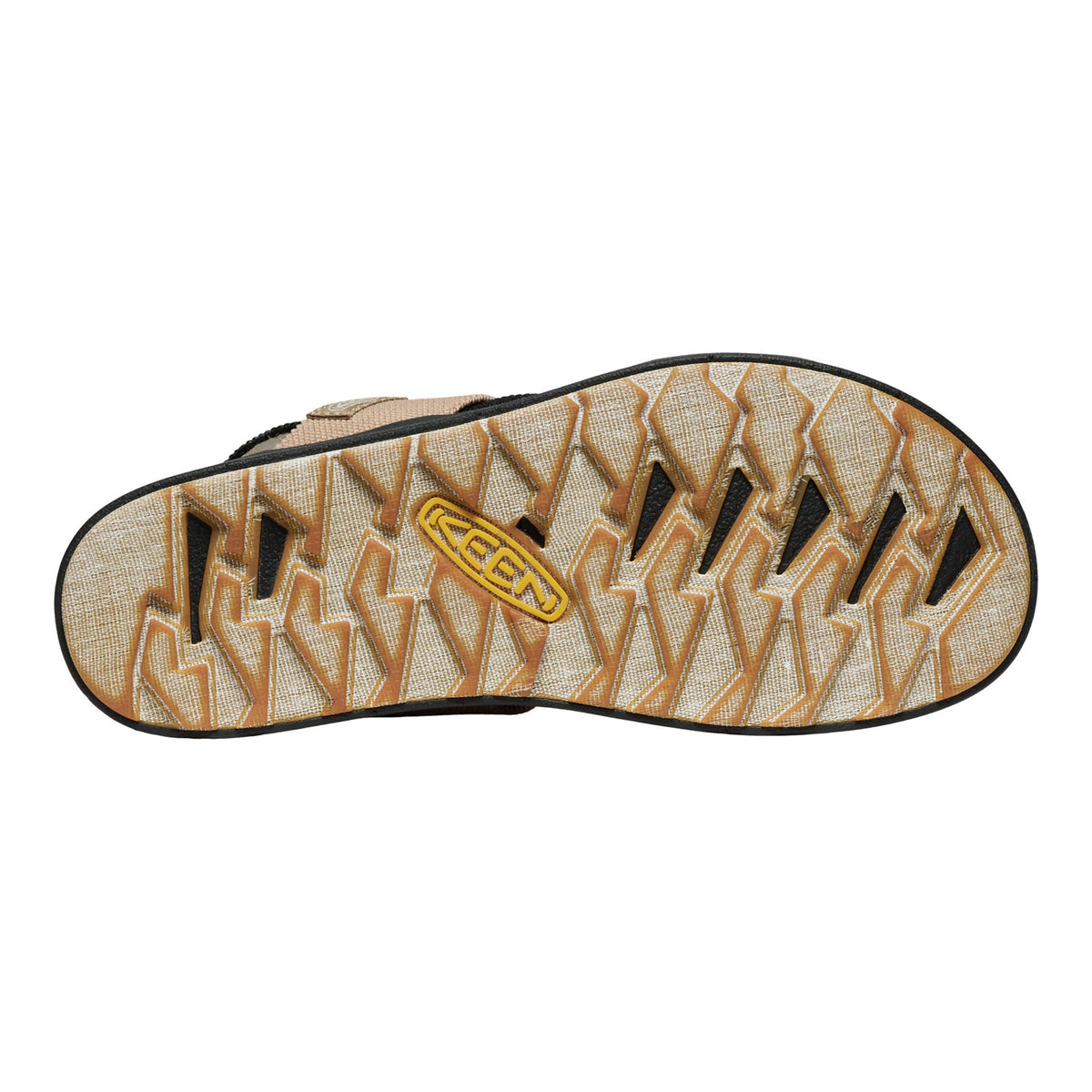 The bottom sole of a Keen sandal, featuring a textured beige and brown geometric pattern with a yellow Keen logo in the center, shown on a plain white background.