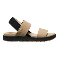A single women's platform sandal shown in a side profile on a white background. The sandal features a thick black platform sole, a beige fabric upper strap, a black elastic ankle strap, and a beige footbed.