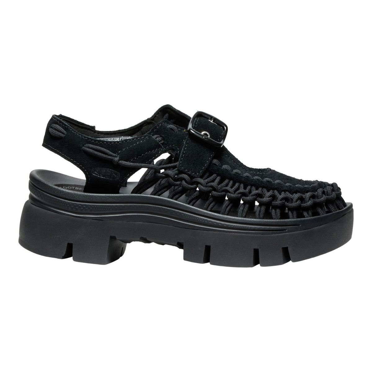 Black platform sandals on a white background