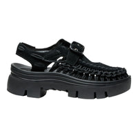 Black platform sandals on a white background