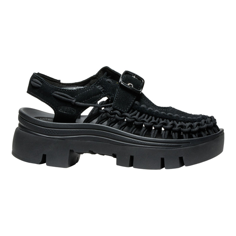 Black platform sandals on a white background
