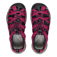 Pair of pink and black sandals on a white background