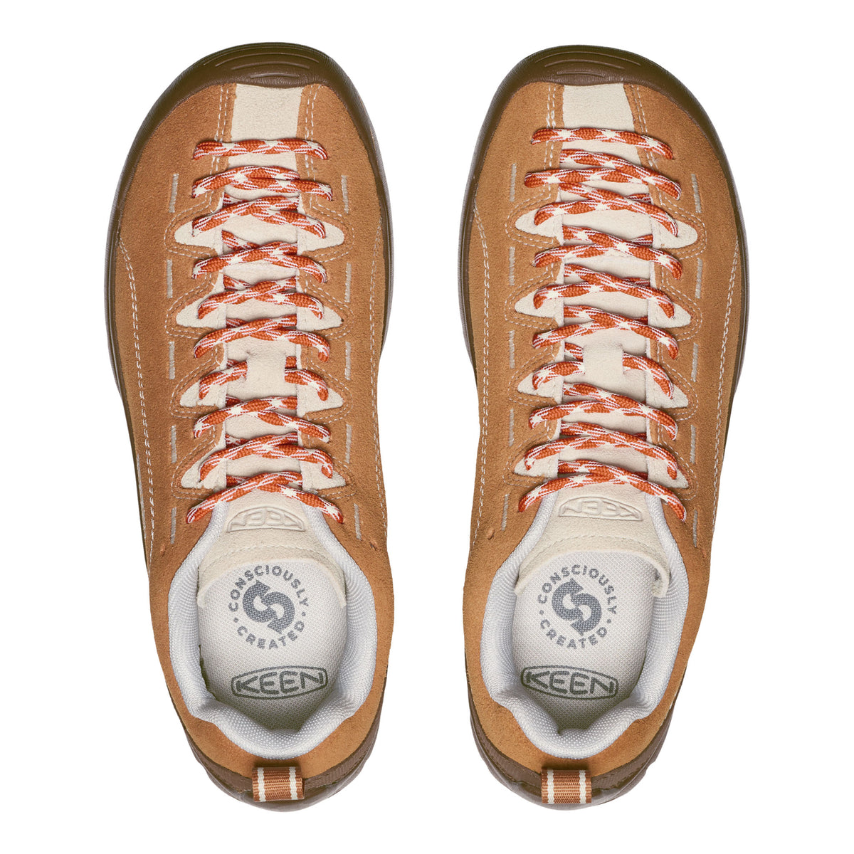 Pair of brown KEEN shoes with white soles on a white background