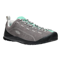 Gray and teal sneaker with KEEN logo on a white background