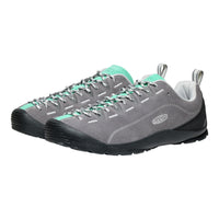 Gray and teal hiking shoes with KEEN logo on a white background